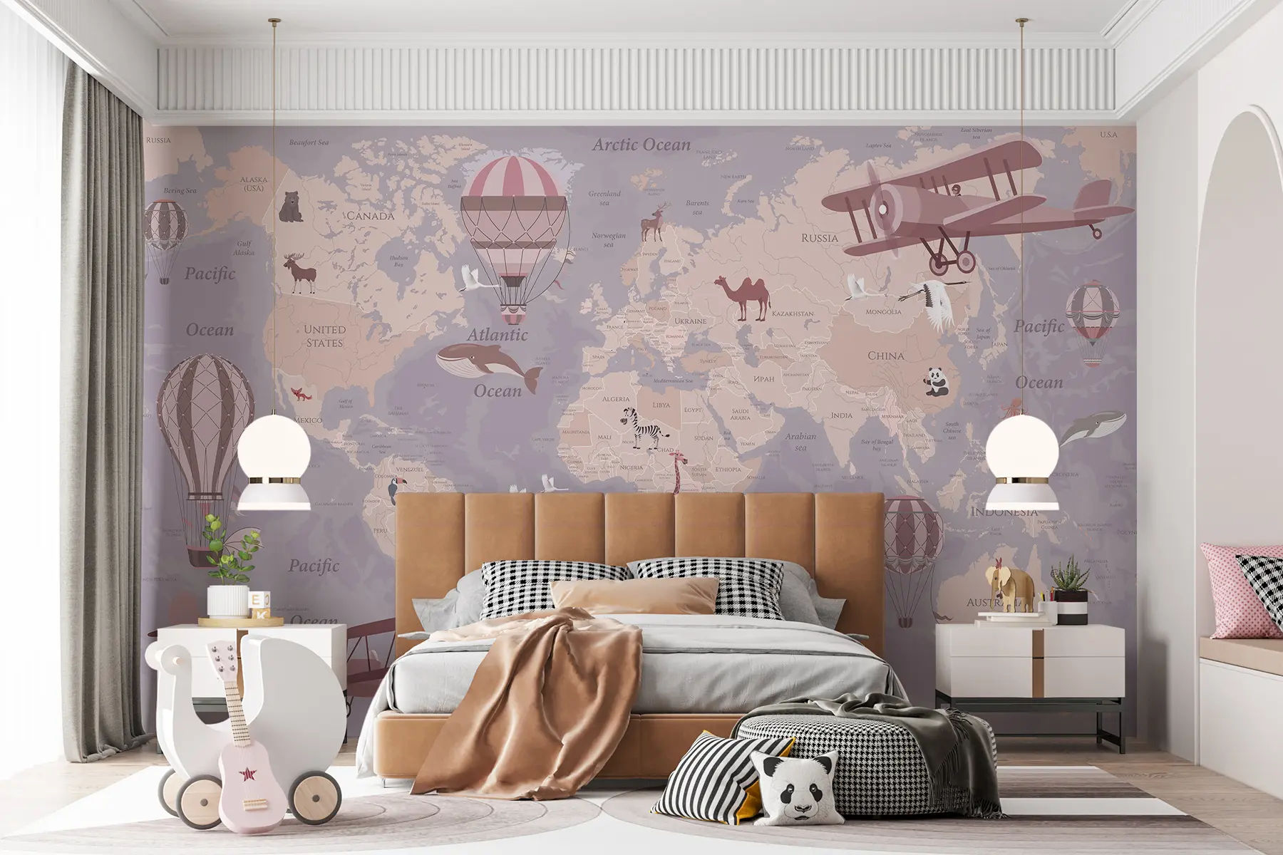 murales de pared Mapamundi infantil con animales en azul u36066v3