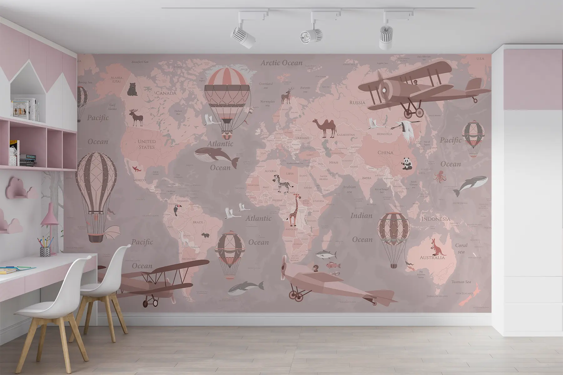 murales de pared Mapamundi infantil con animales en rosa. u36066v6