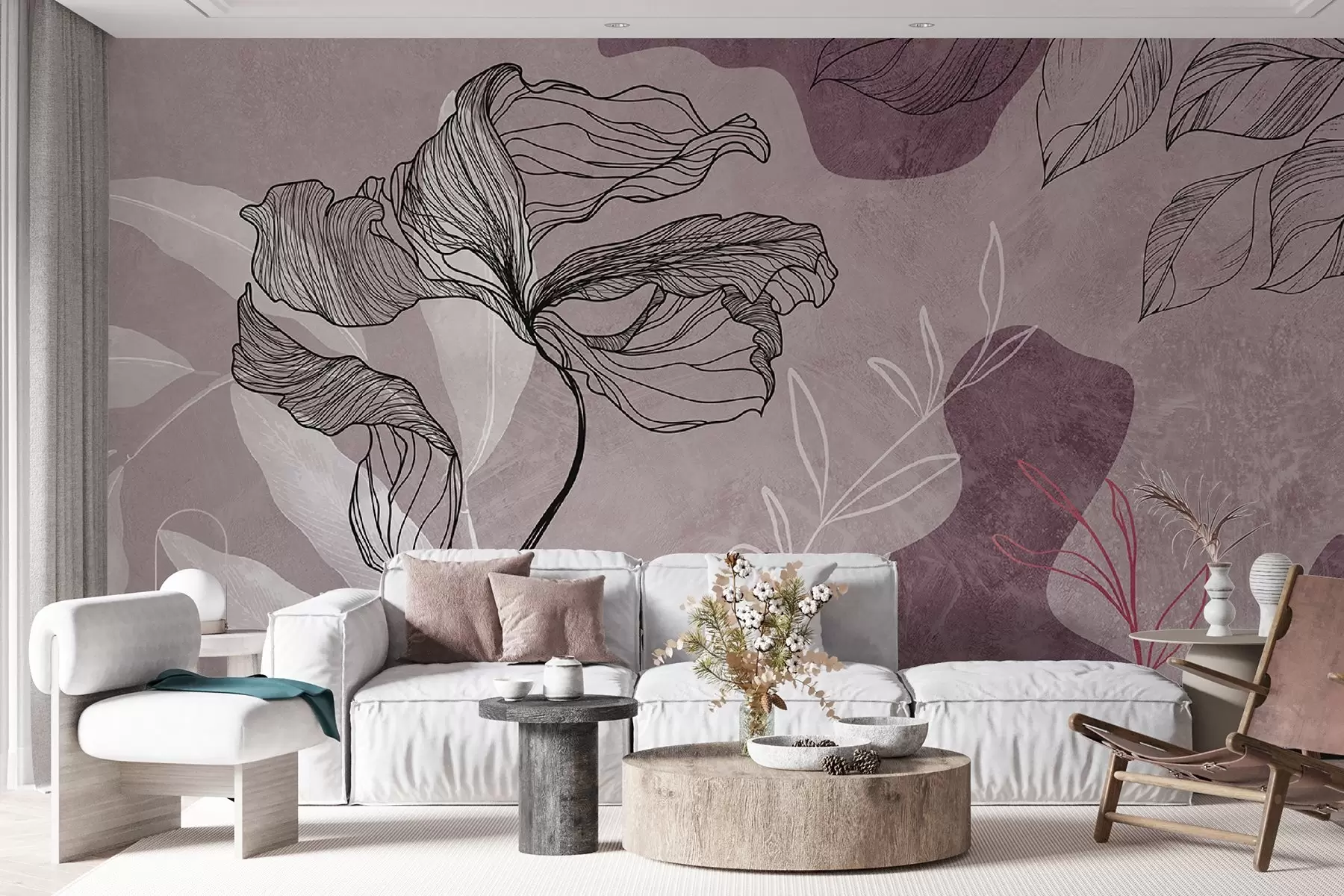 murales de pared Plantas de estilo boho en tonos rosas u71303v3