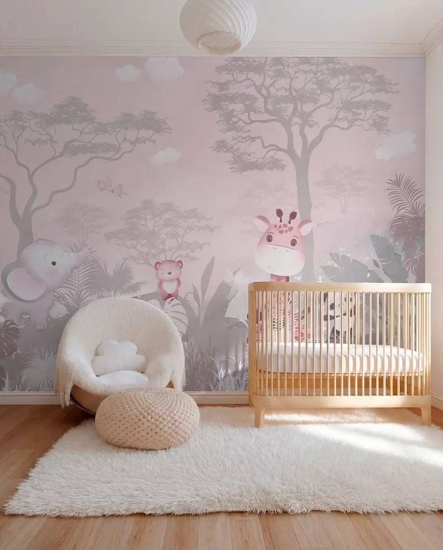 murales de pared Simpáticos animalitos de la sabana en tonos rosas u73878v3