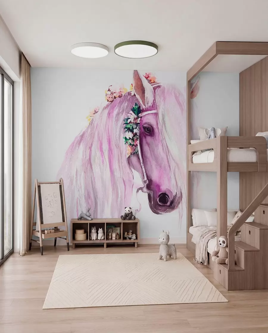 murales de pared Caballo azul con flores en la crin en tonos morados u93591v1