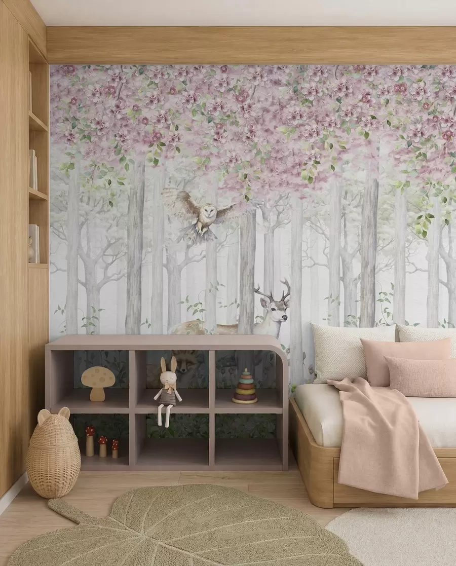 murales de pared Bosque en flor con animales u97614