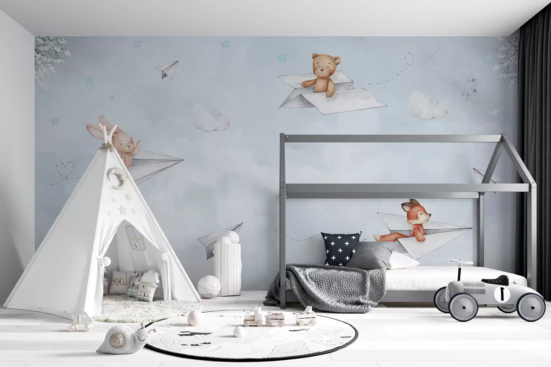 murales de pared Animales de acuarela en aviones entre las nubes u98519v1