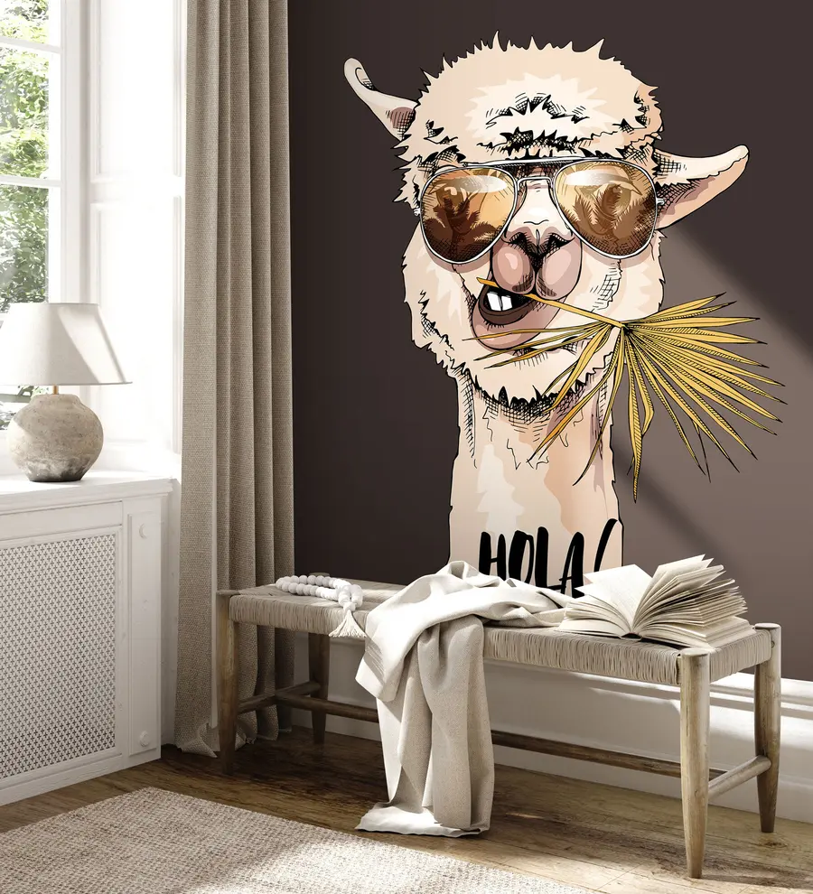 murales de pared Retrato de un lama con gafas de sol y una hoja de palmera en abanico u98177v2