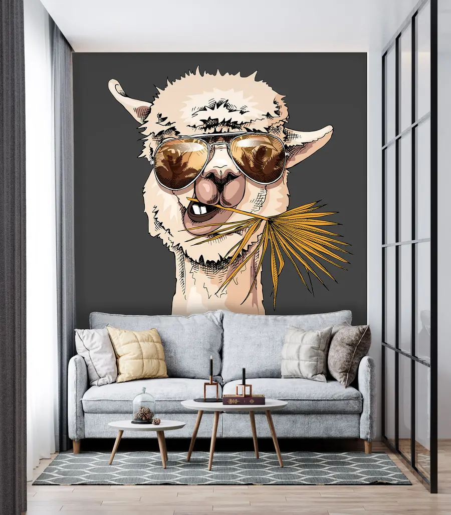 murales de pared Retrato de un lama con gafas de sol y una hoja de palmera en abanico u98177v1