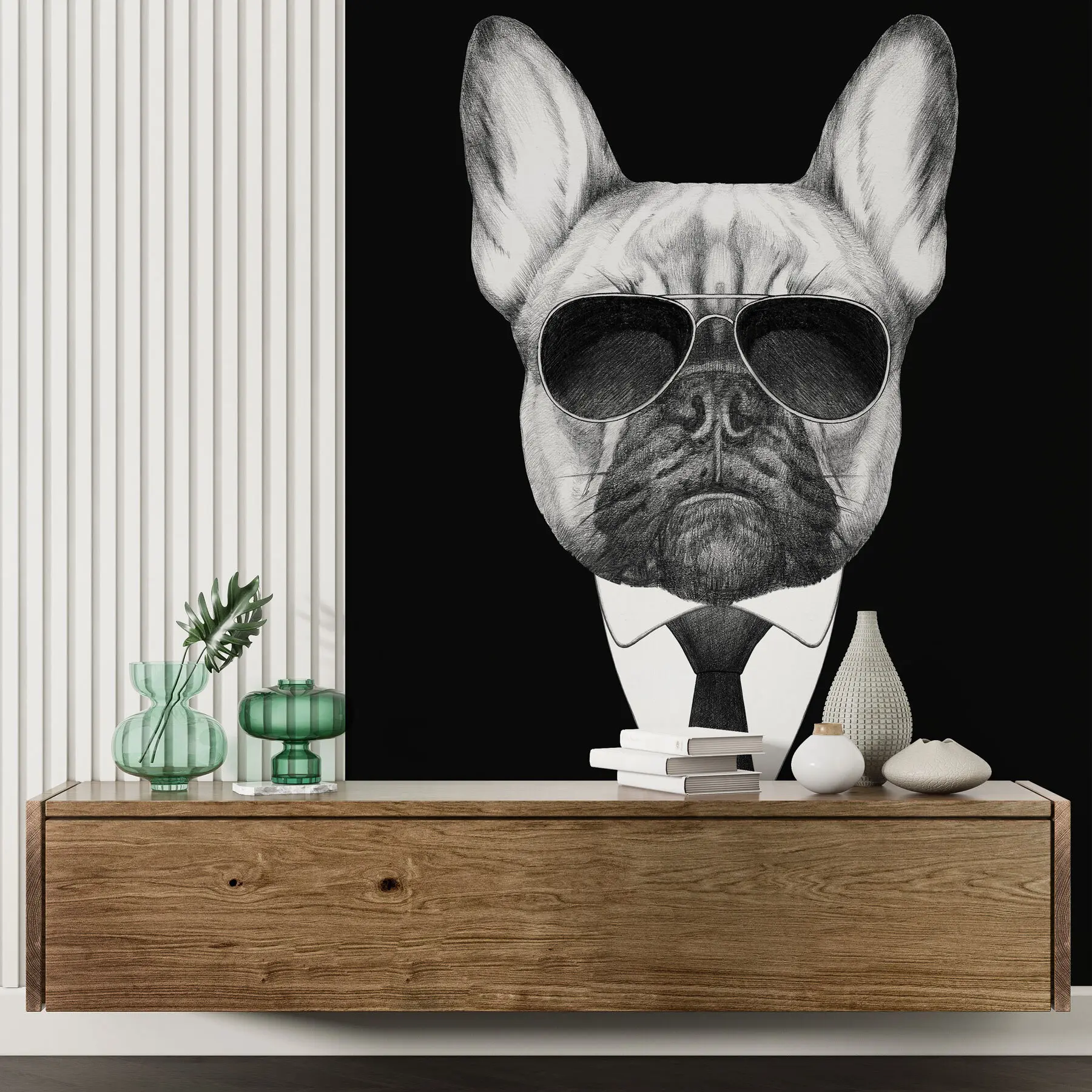 murales de pared Retrato de un Bulldog Francés con traje y gafas de sol u98183