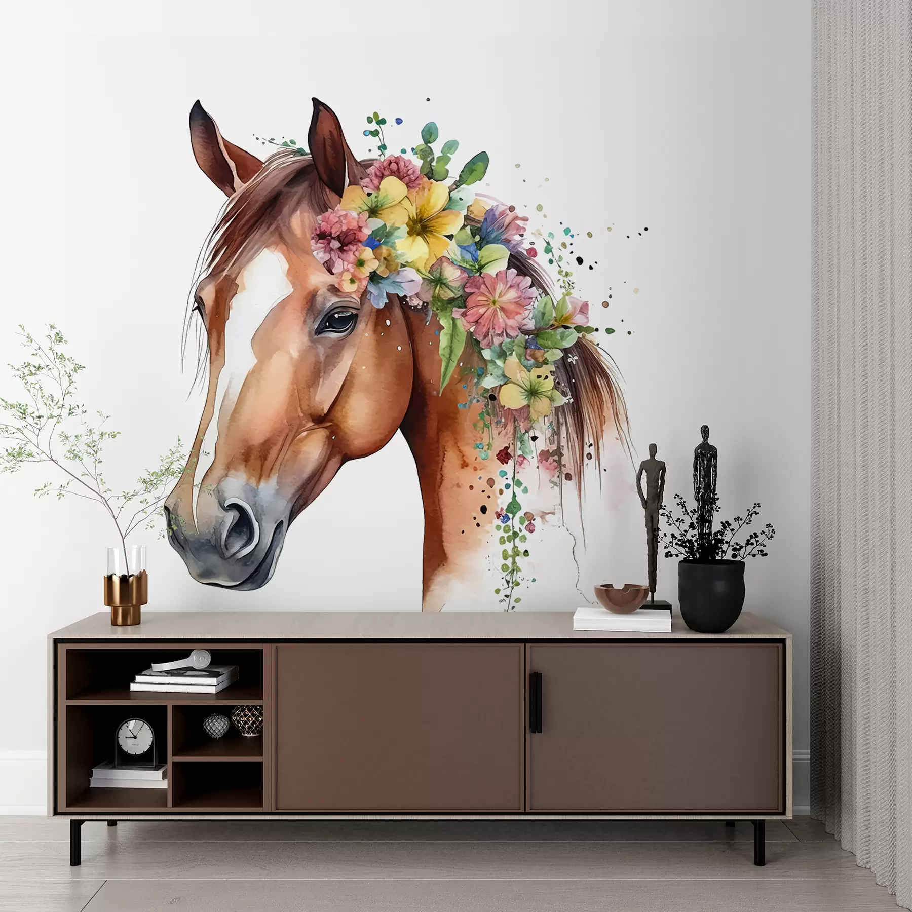 murales de pared Caballo con flores en acuarela u98192