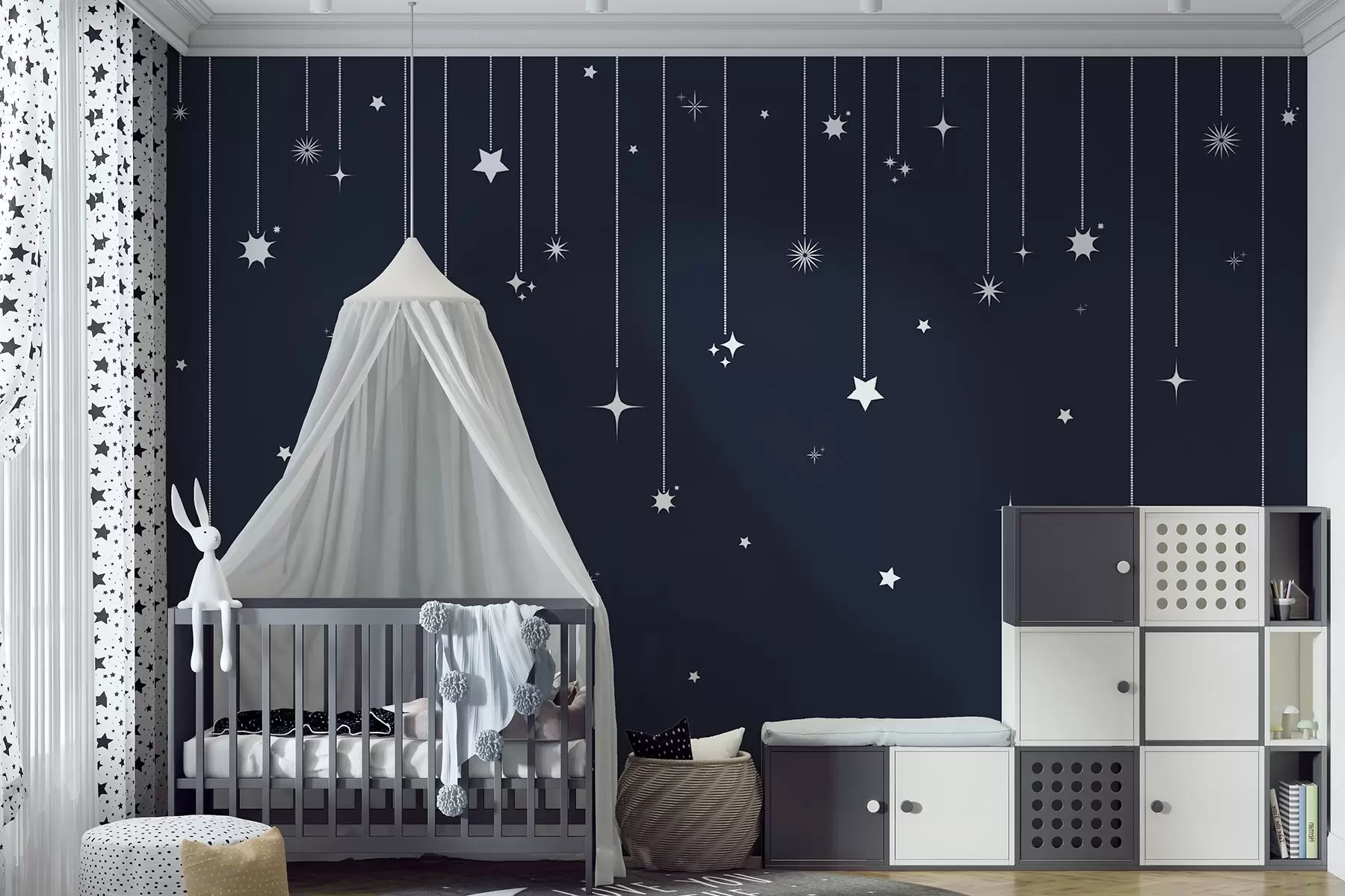 murales de pared Estrellas fugaces de color blanco, elegante patrón minimalista, tema espacial u98767v1