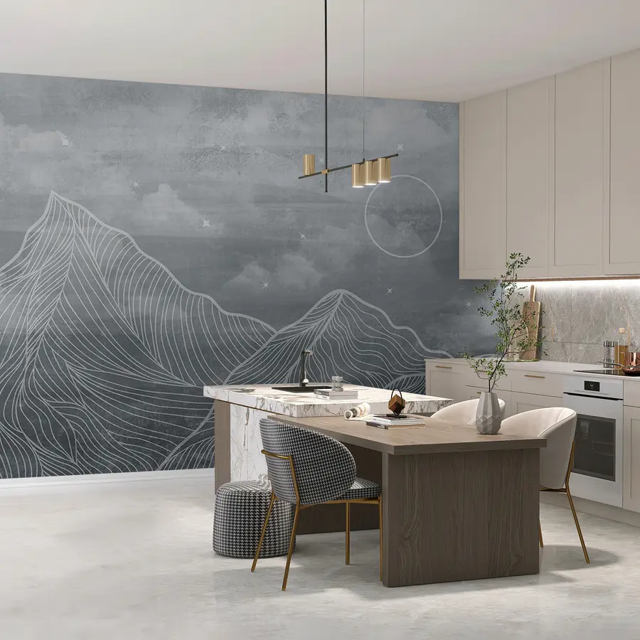 murales de pared Textura grunge con nubes y montañas, color gris, arte temático de la naturaleza u98838v1