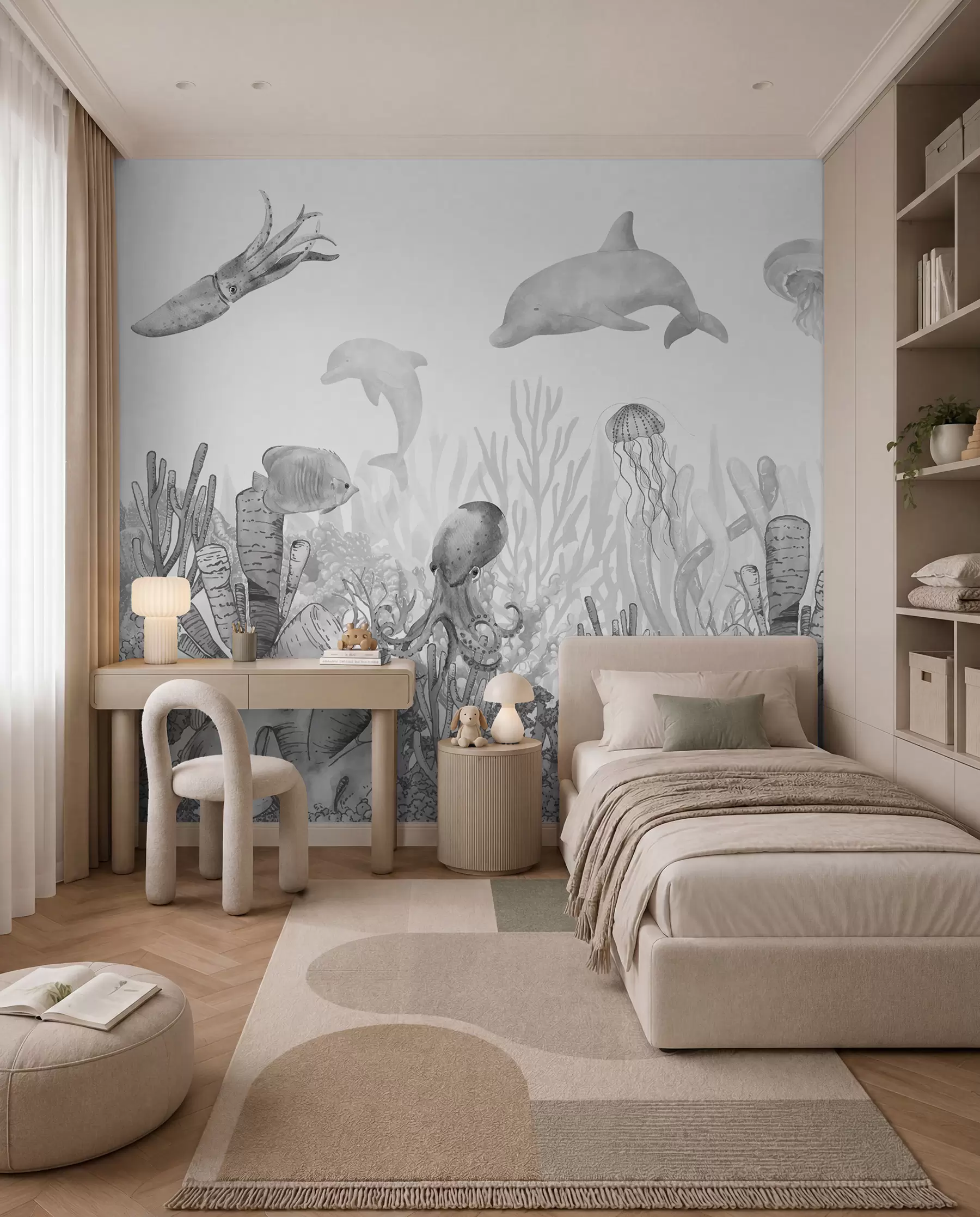 murales de pared Vida marina submarina, animales marinos, acuarela color gris, corales, delfín, pulpo u98899v1