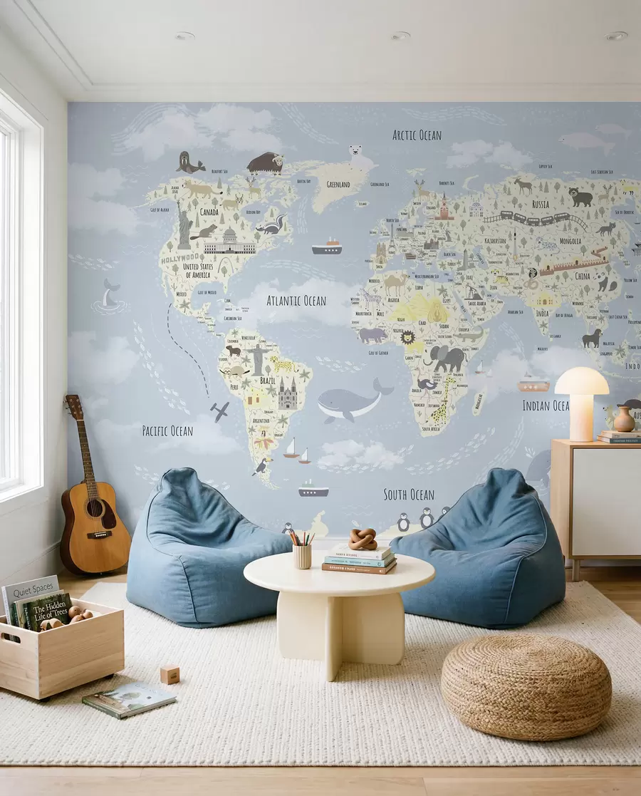 murales de pared Mapamundi infantil con animales y puntos de referencia u96587