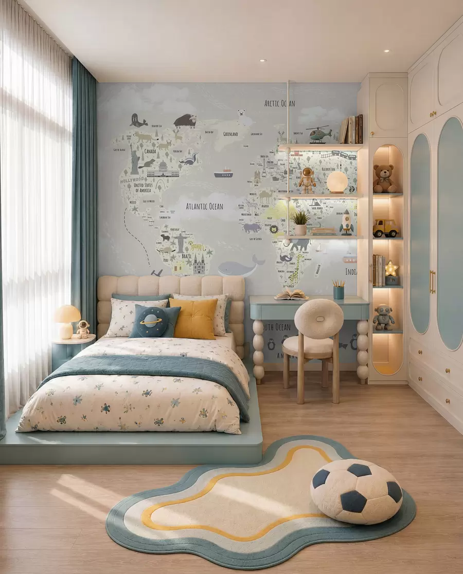 murales de pared Mapamundi infantil con animales y puntos de referencia u96587v1