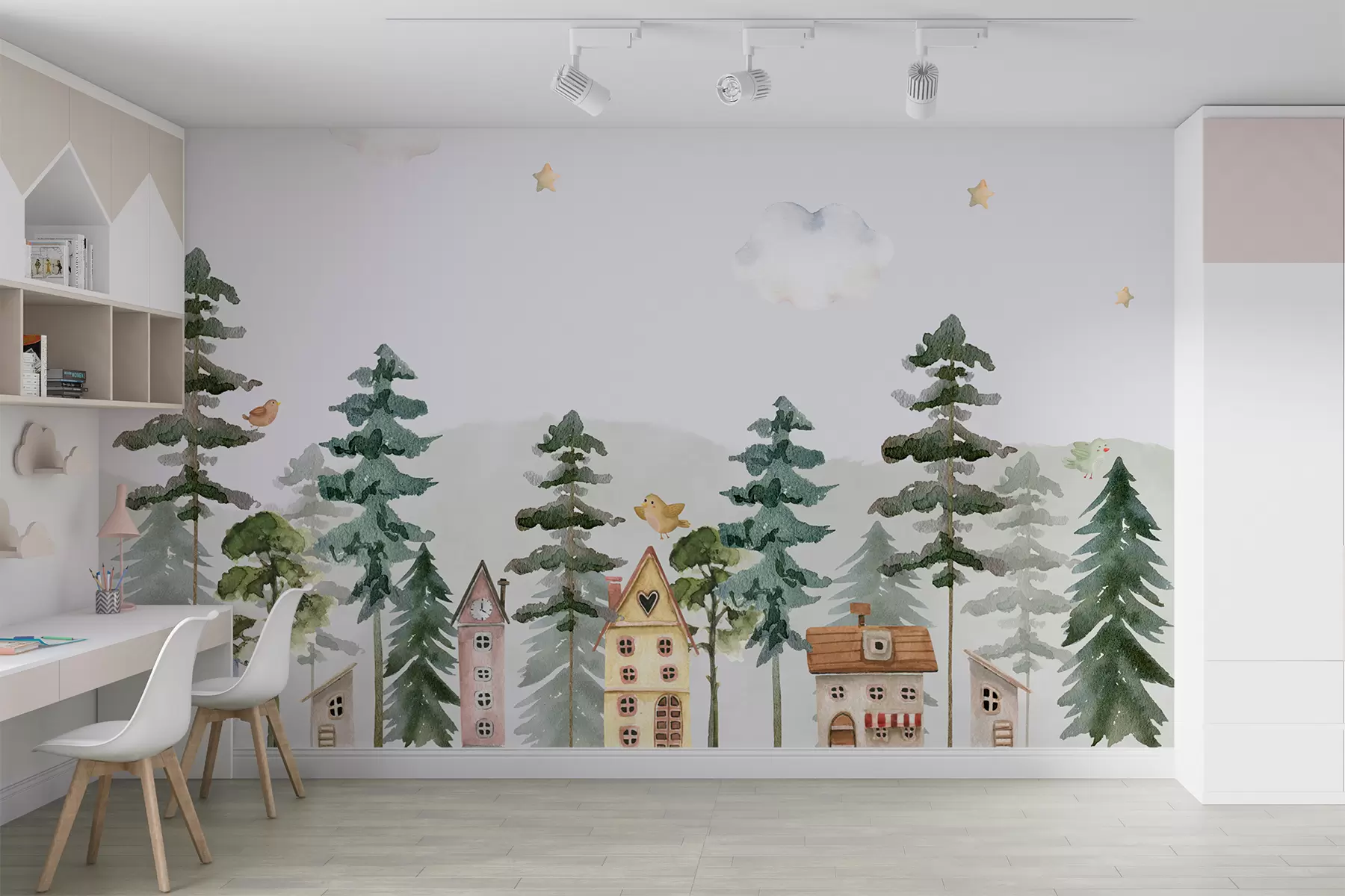 murales de pared Bosque de pinos con pájaros y bonitas casas, colores verde y beige u98989