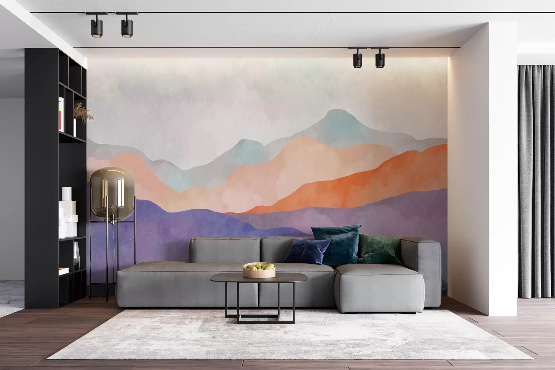 murales de pared Paisaje de montaña, dibujo abstracto, estilo boho, naranja, pupila, azul u98991