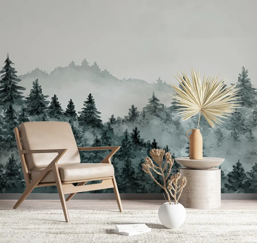 murales de pared Acuarela paisaje forestal, niebla, color verde, pinos u98994