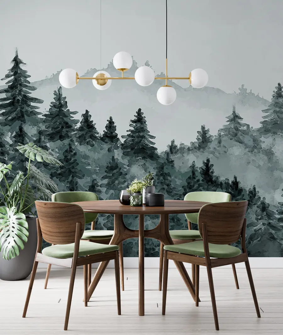 murales de pared Acuarela paisaje forestal, niebla, color verde, pinos u98994