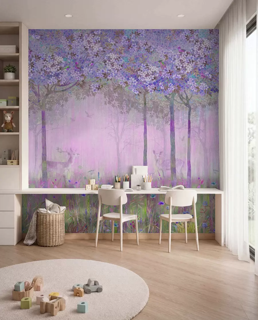 murales de pared Árboles en flor con troncos largos, ciervos entre los árboles u62100v2