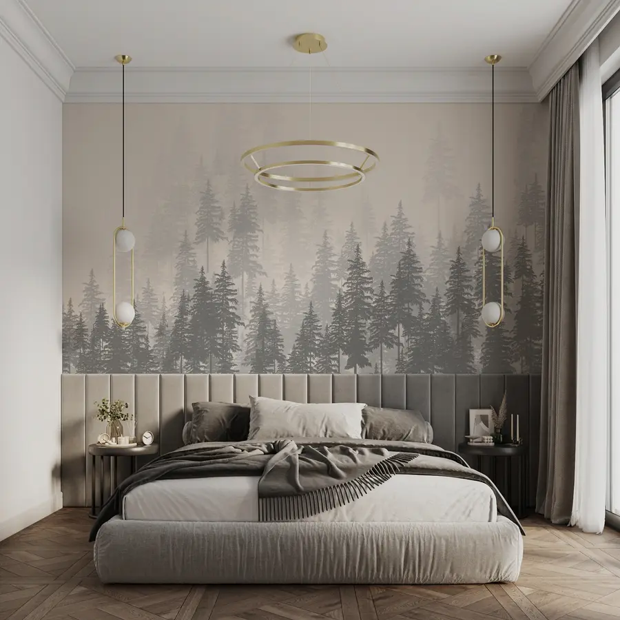 murales de pared Ilustración monocromática de un bosque siempre verde u99076