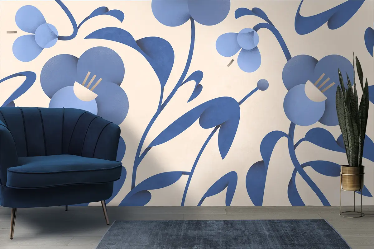murales de pared Estampado botánico con flores azules decorativas sobre fondo beige u99196v7