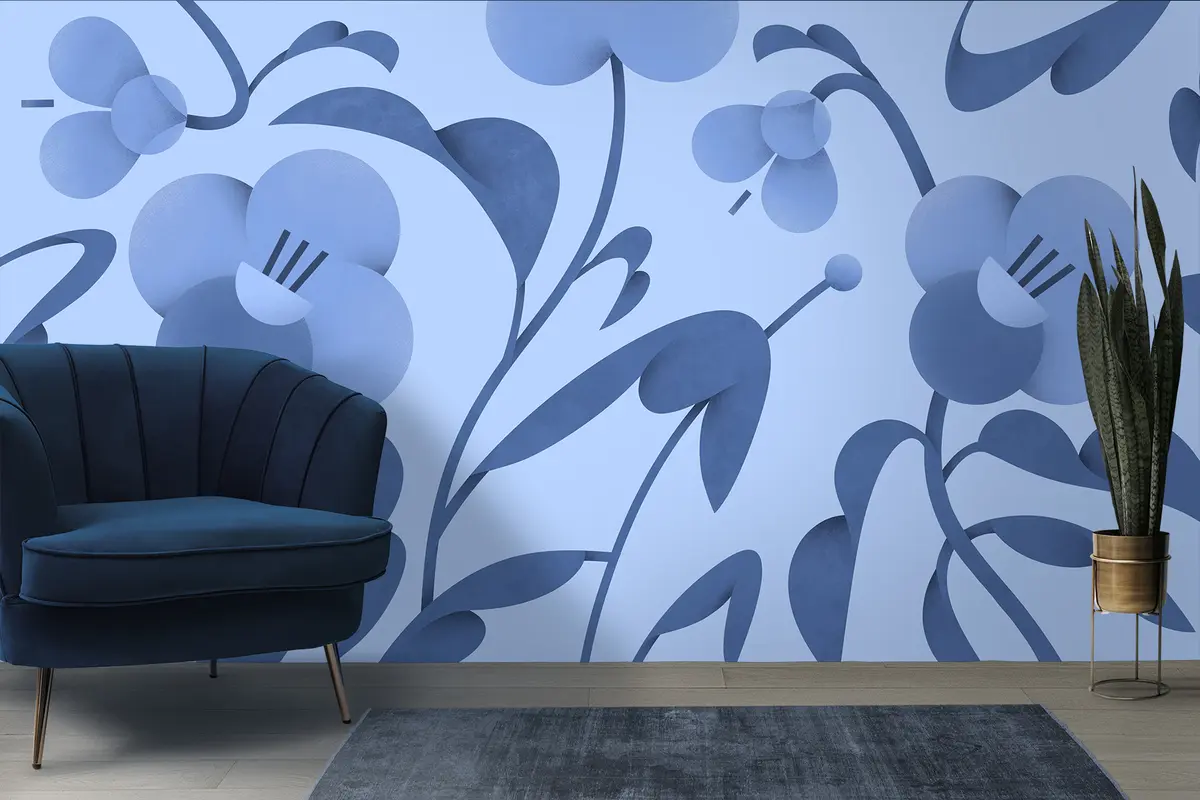 murales de pared Estampado botánico con flores decorativas en azul u99196v8