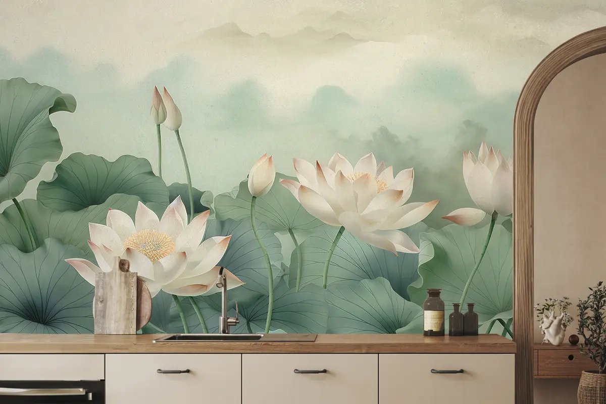 murales de pared Flores de loto en el lago, niebla, arte tropical, vegetación u99455