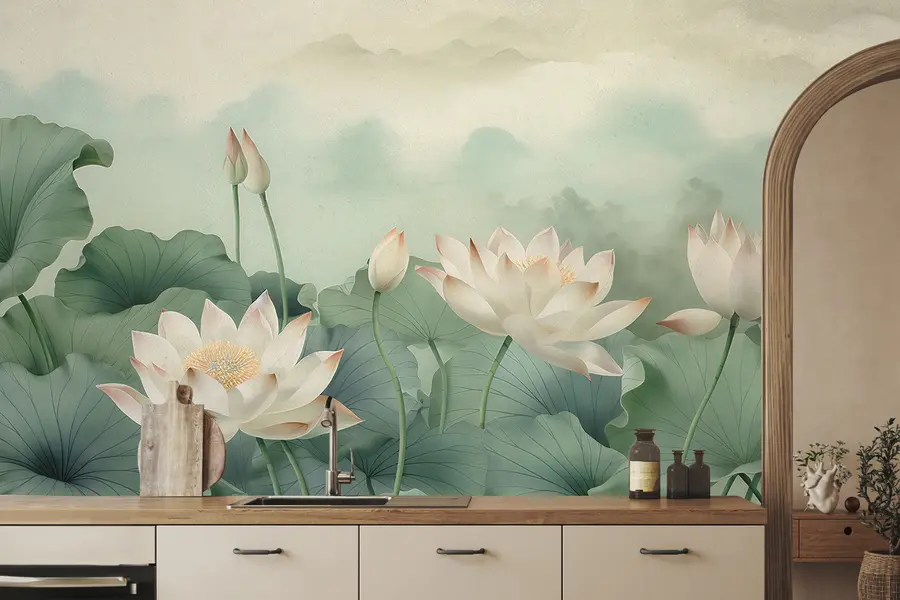 murales de pared Flores de loto en el lago, niebla, arte tropical, vegetación u99455