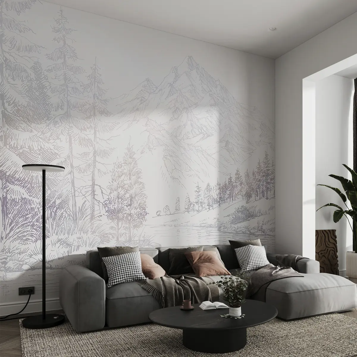 murales de pared Paisaje de montañas alpinas, minimalismo, colores púrpura u99569v1